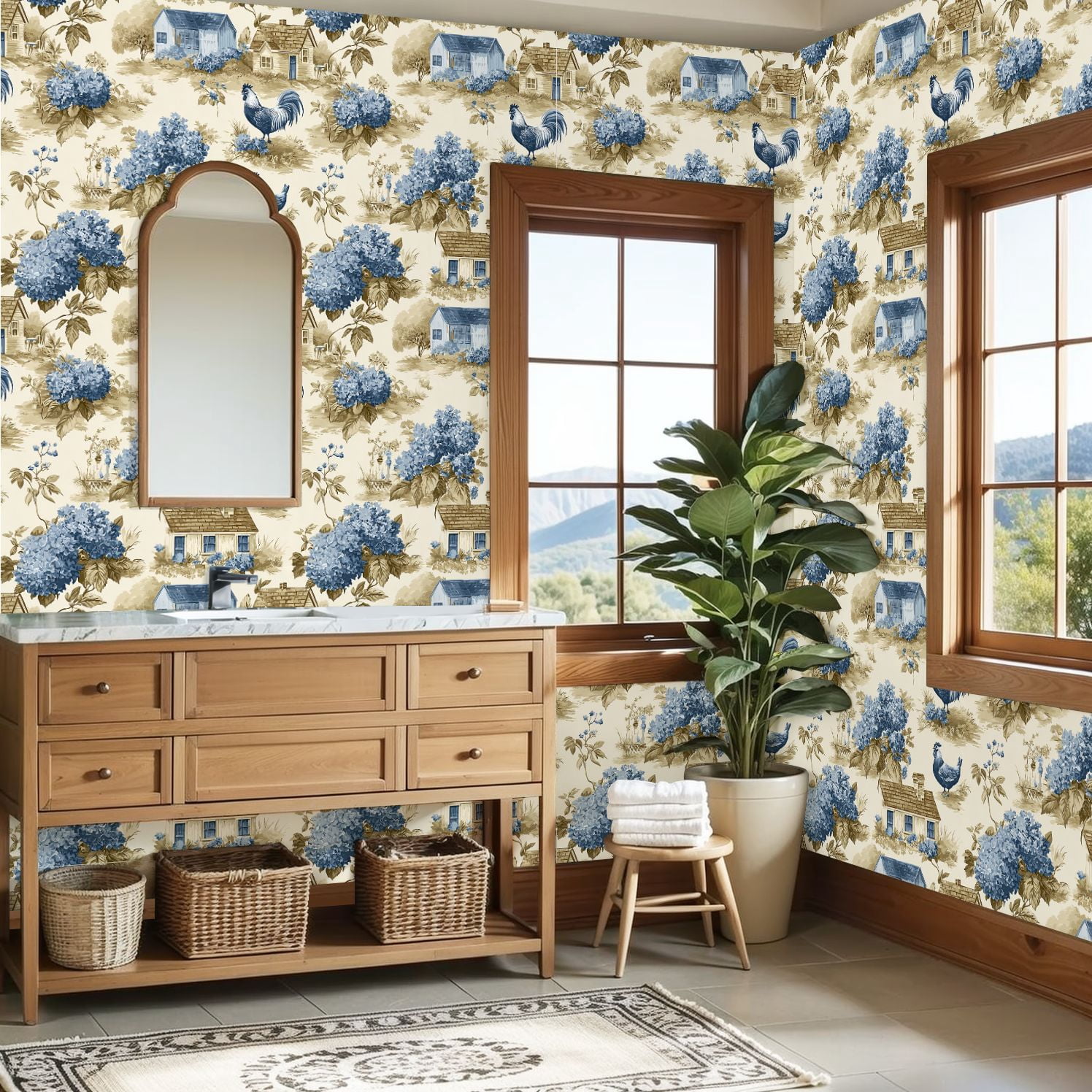 Peel and Stick Wallpaper Blue Hydrangea Farmhouse Toile Roosters Country Cottages Wall Mural 23.6in x 9.8ft Self Adhesive Removable Wall Paper Renter Friendly Wallpaper for Nursery Bedroom Cabinets