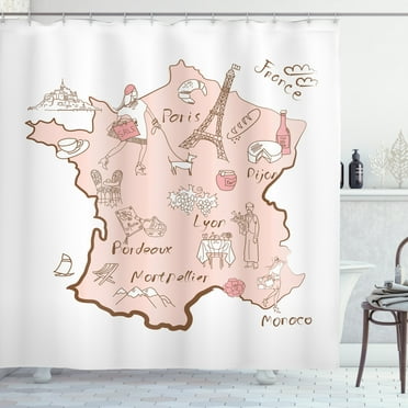 Eiffel Tower Shower Curtain, Bordeaux Lyon Monaco Paris Dijon Typographic Map Design, Fabric Bathroom Set with Hooks, 69W X 84L Inches Extra Long, Blush Umber and White, by Ambesonne