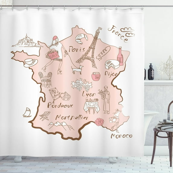Eiffel Tower Shower Curtain, Bordeaux Lyon Monaco Paris Dijon Typographic Map Design, Fabric Bathroom Set with Hooks, 69W X 70L Inches, Blush Umber and White, by Ambesonne