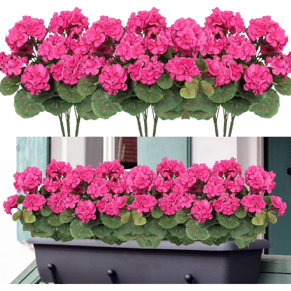 3 Pcs 14'' Artificial Geranium Silk Flower Outdoor UV Resistant Garden Plants Bush Faux Flowers for Home Wedding Kitchen Table Centerpieces Decor (Rose Red)