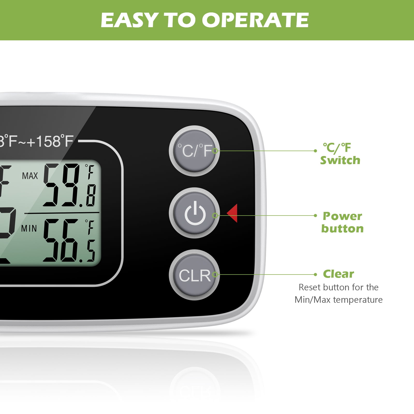 ORIA Refrigerator Thermometer, Digital Freezer Fridge with Thermometer Max  and Min Display for Room, Refrigerator, Kitchen, Large LCD Display, 2 Pack