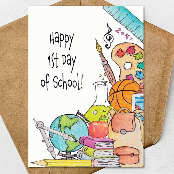 Happy 1st Day of School Card – Colorful Back to School Design with Art Supplies, Globe, and Fun Elements – Blank Inside, Envelope Included – Perfect for Students and Parents