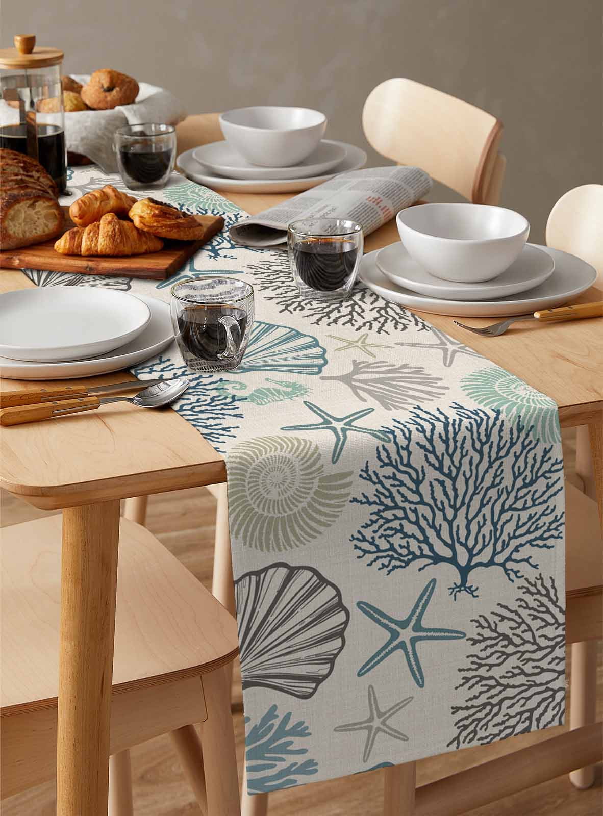 Ocean Coastal Table Runner 120 Inches, Retro Coral Starfish Shell Seahorse Bed Runner Dresser Scarves Tabletop for Indoor Outdoor Parties/Ceremony/Banquet, 13"x 120"