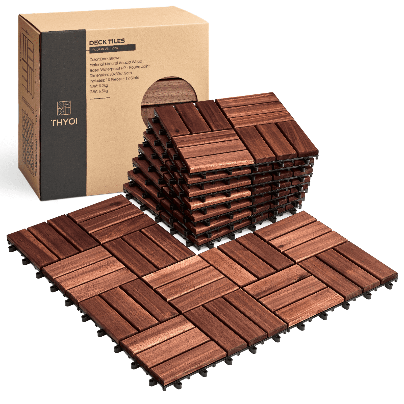 THYOI 10 Pcs Interlocking 12"x12" Acacia Deck Tiles, Waterproof Outdoor/Indoor Floor (Round Joint, Dark Brown)