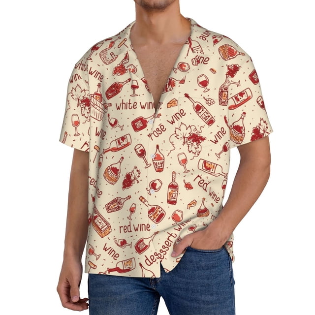 Fotbe Red Wine Camisa Estampada de Manga Corta para Hombre, Casual de Verano, Estilo Playero, Sin Arrugas-Large