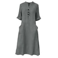 thumbnail image 6 of SAWOBUUN Womens Washed Cotton Blend Midi Dress Button V Neck Half Sleeve Casual Loose Summer Dress with Pockets, 6 of 6
