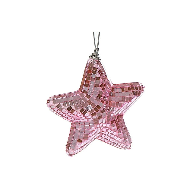Sparkly pink glass star ornament decorated with reflective mosaic tiles, hanging by a silver string.