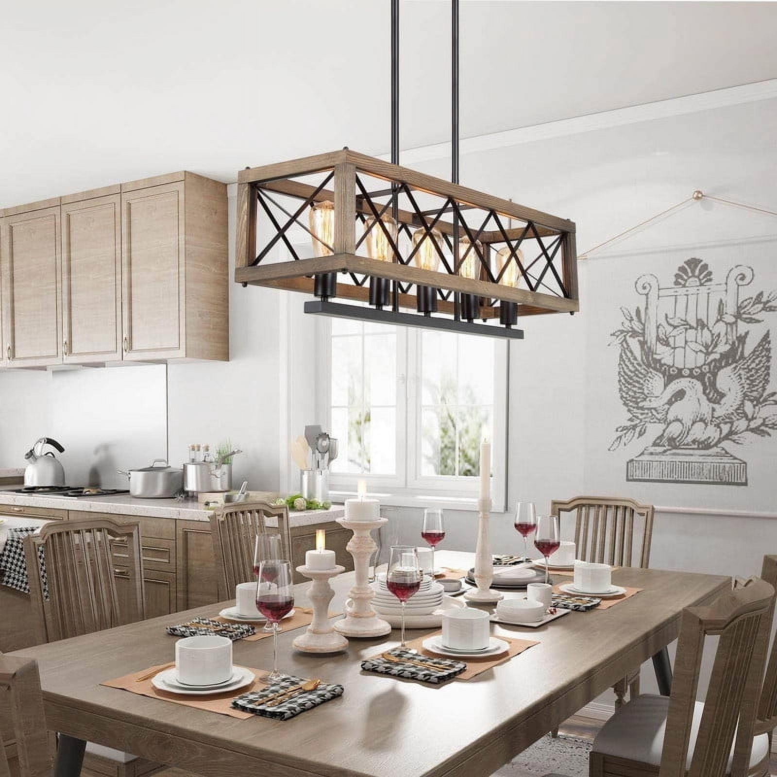LNC 32-in Rustic Wood & Black Metal 5-Light Linear Chandelier for Kitchen Island & Dining