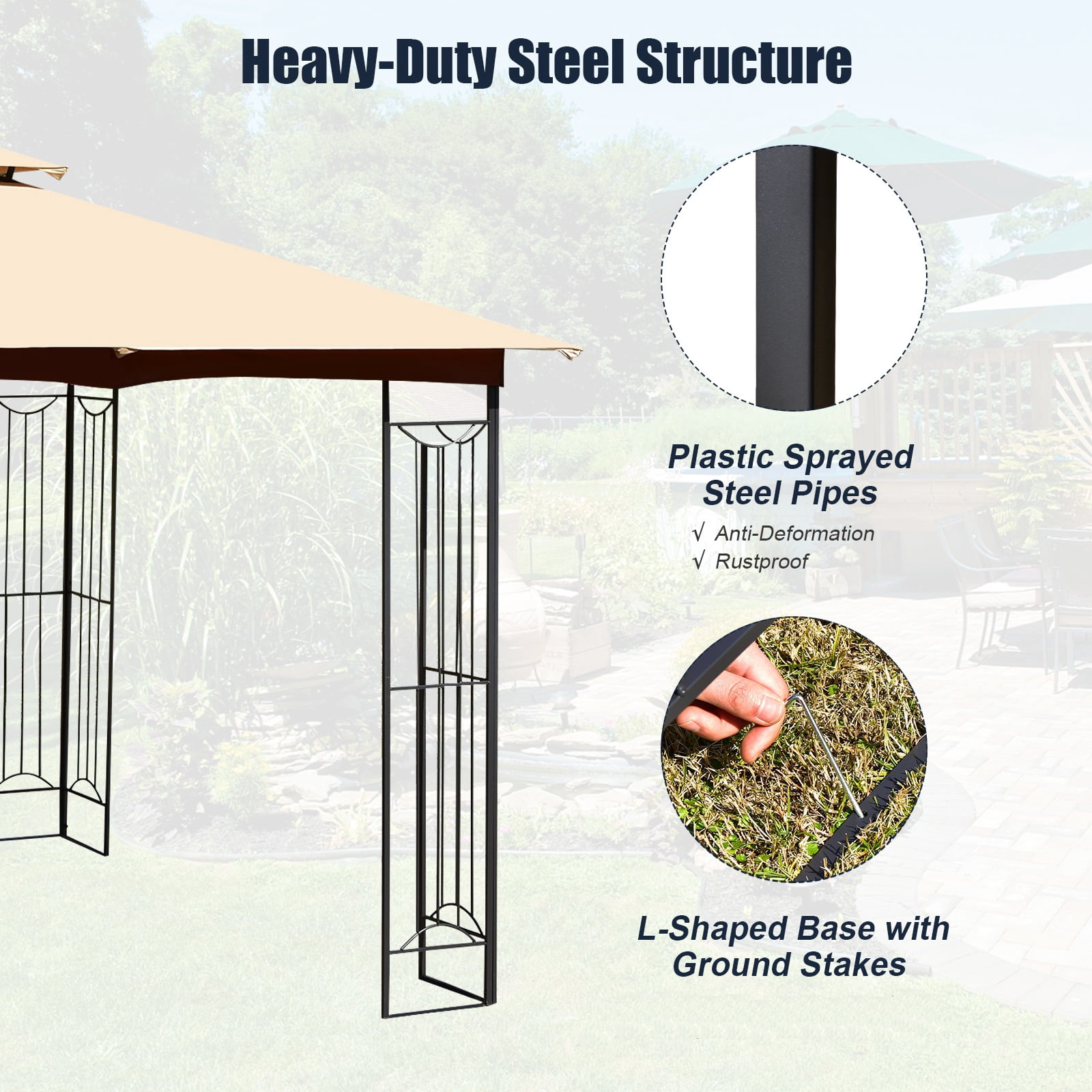 Patiojoy 2-Tiers 10'x10' Outdoor Canopy Gazebo Heavy-Duty Steel Frame Party Patio Large Canopy L-Shaped Gazebo Beige