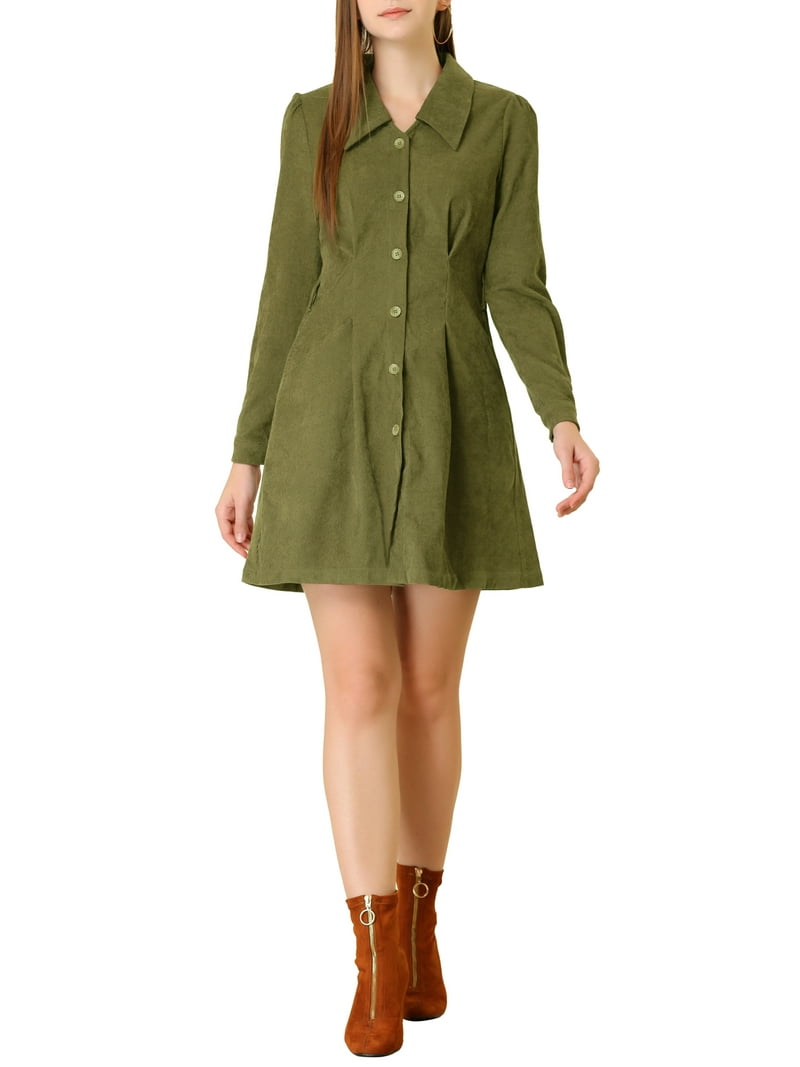 INSPIRE CHIC Women's Corduroy Tie Waist Button Front Vintage Mini A-Line Shirt  Dresses Army Green XL - Walmart.com