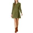 thumbnail image 5 of INSPIRE CHIC Women's Corduroy Tie Waist Button Front Vintage Mini A-Line Shirt Dresses Army Green S, 5 of 6