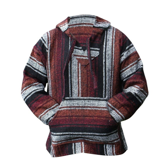 Mexican Baja Hoodie Hippie Surf Poncho Sweater Sweatshirt Pullover Jerga (X-large, Burgandy/Rust)