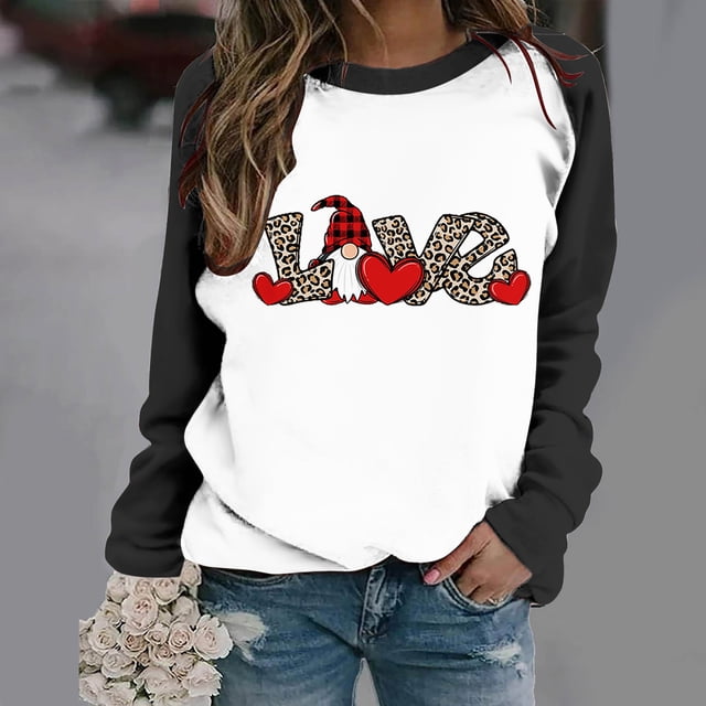 Qertyioot Sweat-shirt Valentine pour Femme, Imprimé Manches Longues Blouse Col Rond Tunique Décontractée