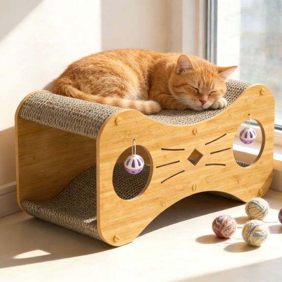 Cardboard Cat Scratcher House, 18 Inch Corrugated Cat Scratcher for Indoor Cats, Large Scratching Board Pad, Natural wood color