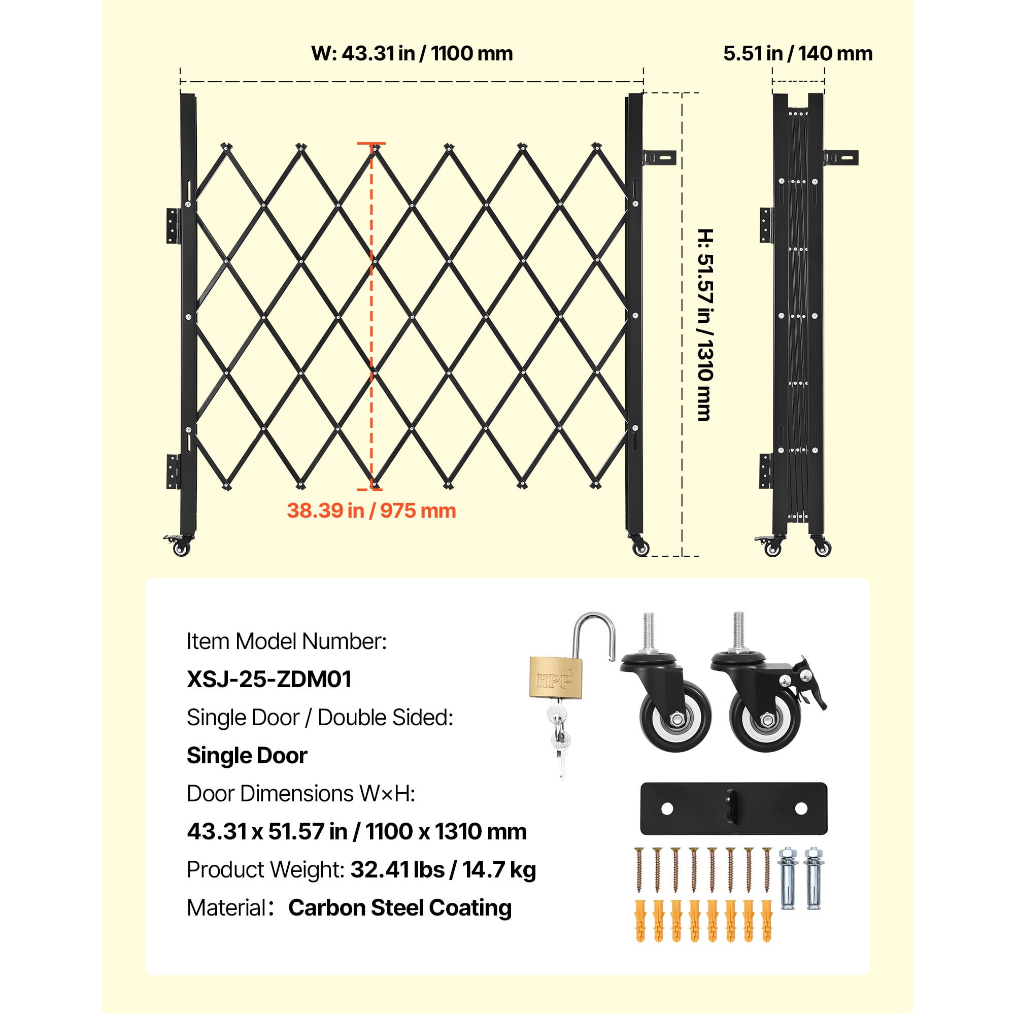 KFFKFF Single Folding Security Gate, Lockable Scissor Gate with Swivel Casters, Steel Retractable Gate for Entryways, Garages, Warehouses, and Pools, 43.31 x 51.57 in (W x H)