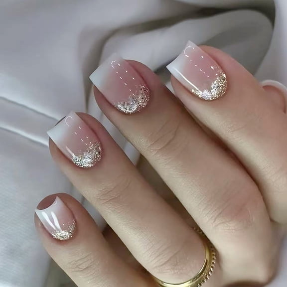 24Pieces French Tip Fake Nails Glitters Flexible ABS Long Wear For Holiday Party Formal Event Decors