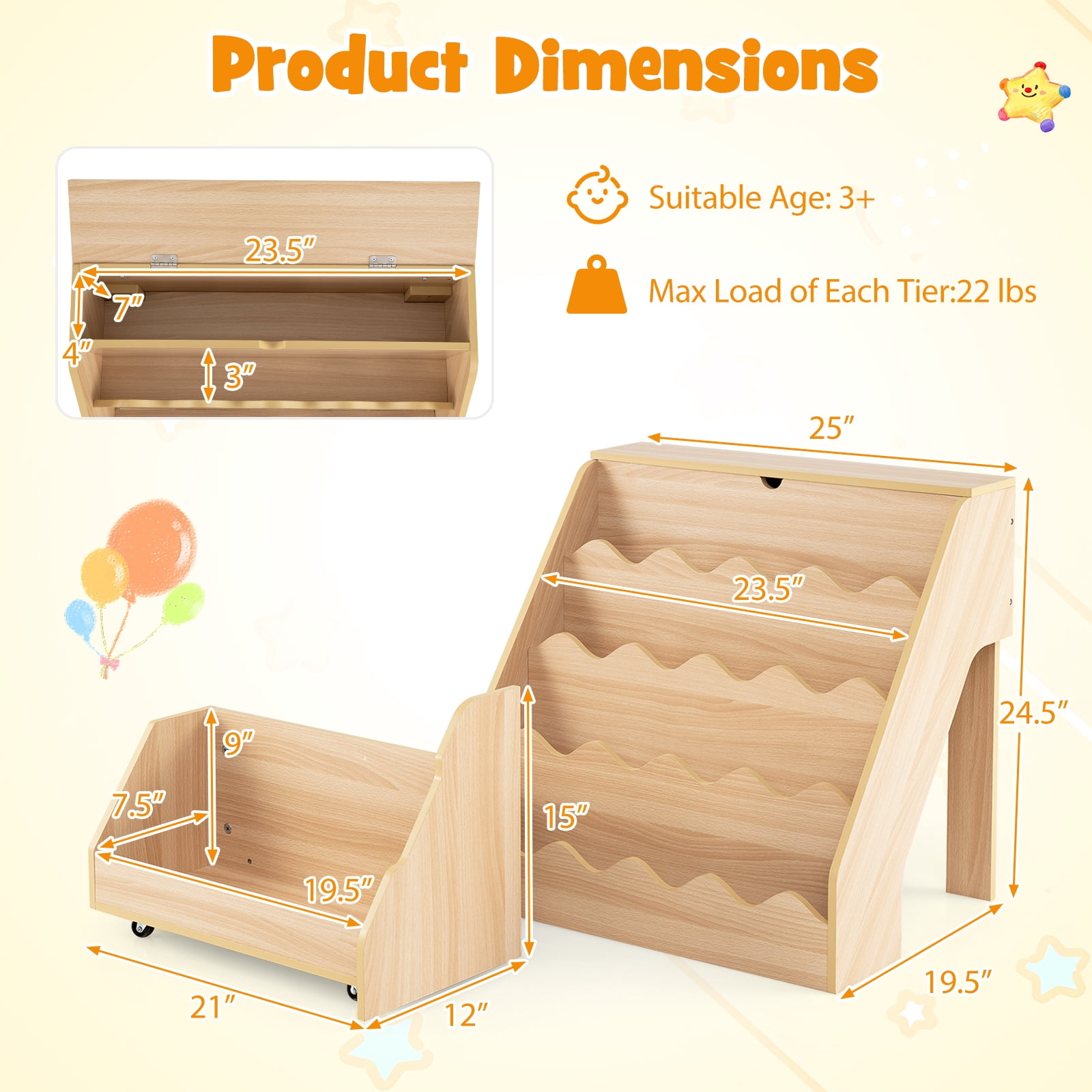 Costway Kids’ Bookshelf & Toy Storage Organizer with Rolling Drawer Cart, 4 Tier Book Shelf Natural