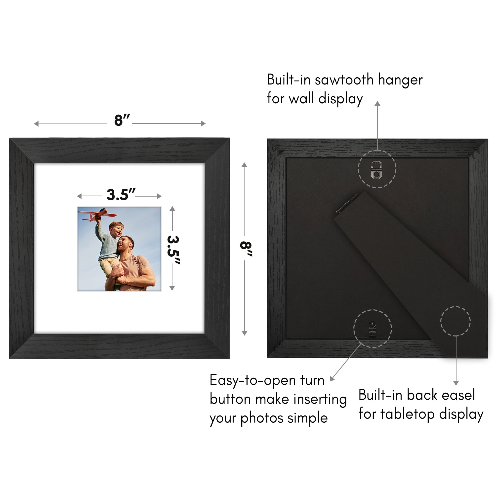 Americanflat 8x8 Picture Frame with Shatter-Resistant Glass with 4x4 Mat Display Photo Hudson Wide - Black