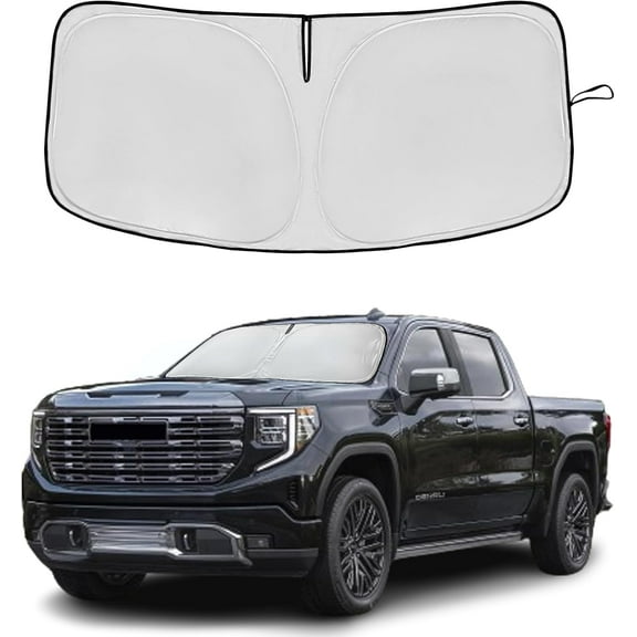 Windshield Sun Shade for GMC Sierra 1500 2500 3500 SLT AT4 Denali 2019-2025 Double Layer 240T Front Window Shade Custom Fit Sun Visor Foldable Shade Blocks UV Rays Summer Must Have Car Accessories