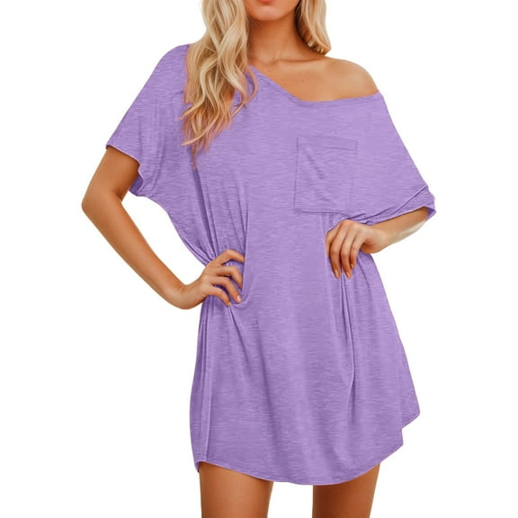 Ujnder Women's Comfortable Solid Color V Neck Short Sleeve Sleeping Dress Nightgown Purple S