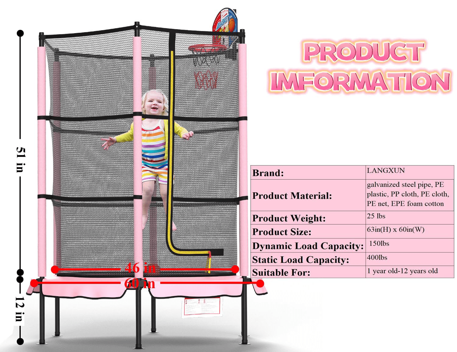 LANGXUN 60" Pink Trampoline for Kids with Basketball Hoop, 5ft Indoor Outdoor Toddler Mini Trampoline with Raised Safety Net - Birthday Gifts for Boys and Girls, Christmas Toys for 3-10 Years Old