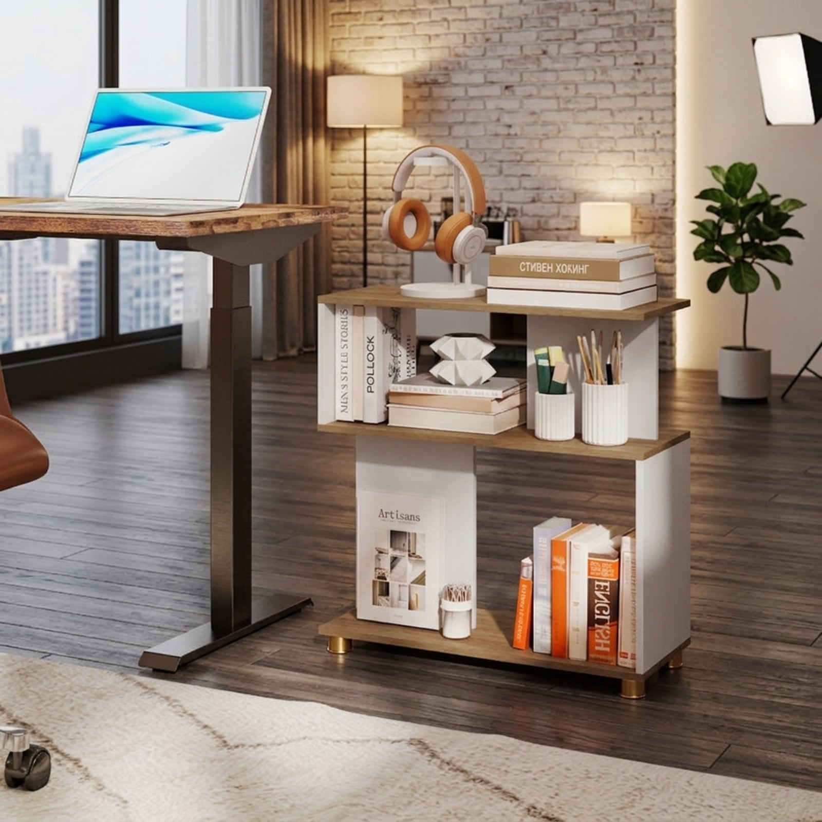 Furnibear 3-Tier Modern S-Shaped Bookshelf with Reversible Design Adjustable Feet and Anti-Tipping Kits for Living Room and Study, White