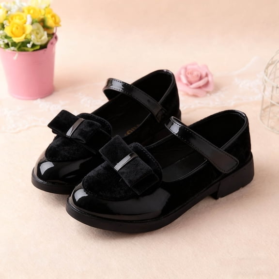 FSYBOA Girls Dress Shoes Size 3(Big Kids), Dance Low Heel Closed Toe Hook and Loop Strap Kids Flat Shoes Black