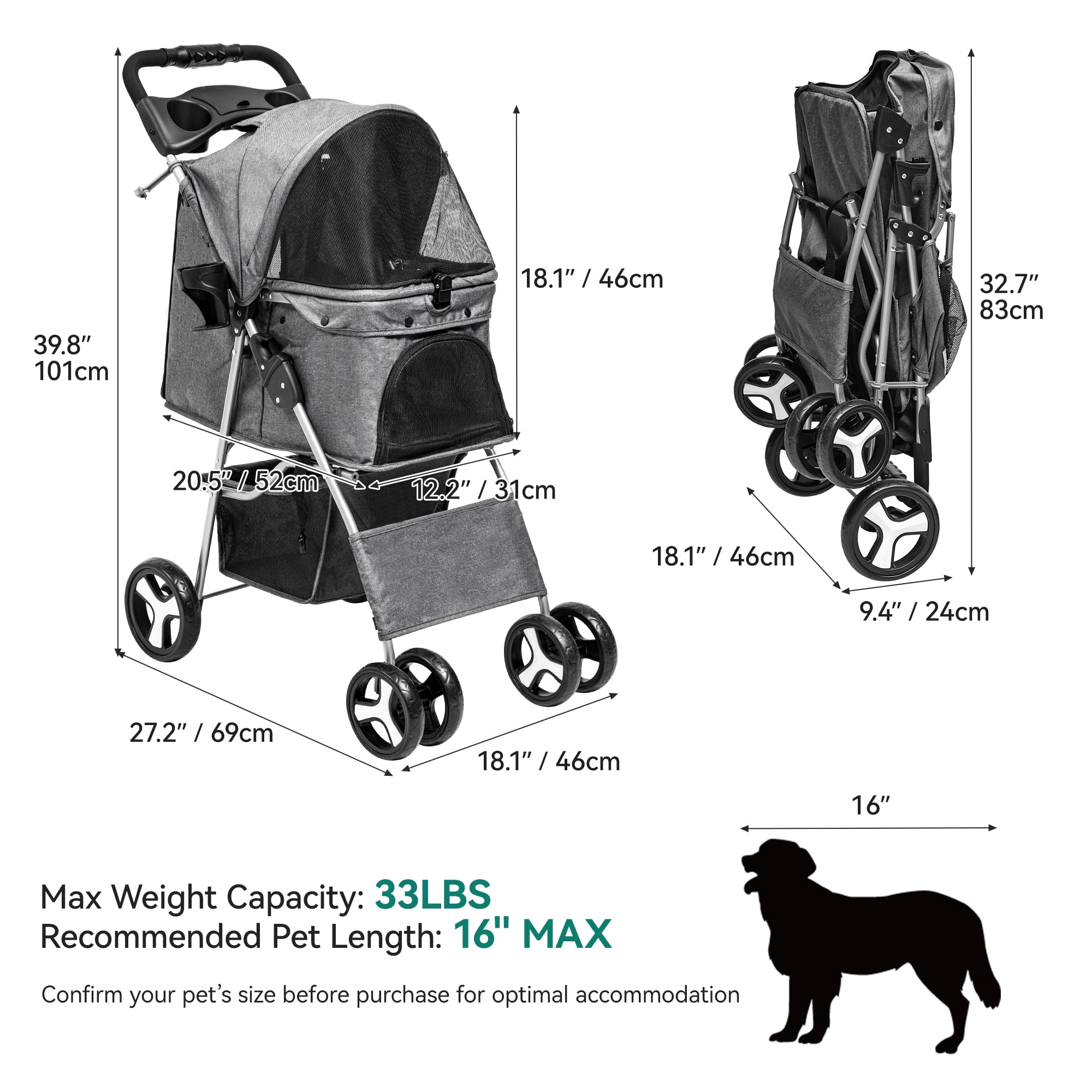 Dextrus Dog Stroller for Medium Small Dogs, Foldable Pet Stroller with 360° Rotation Wheel, Cat Kitty Puppy Stroller with Storage Basket (Gray)