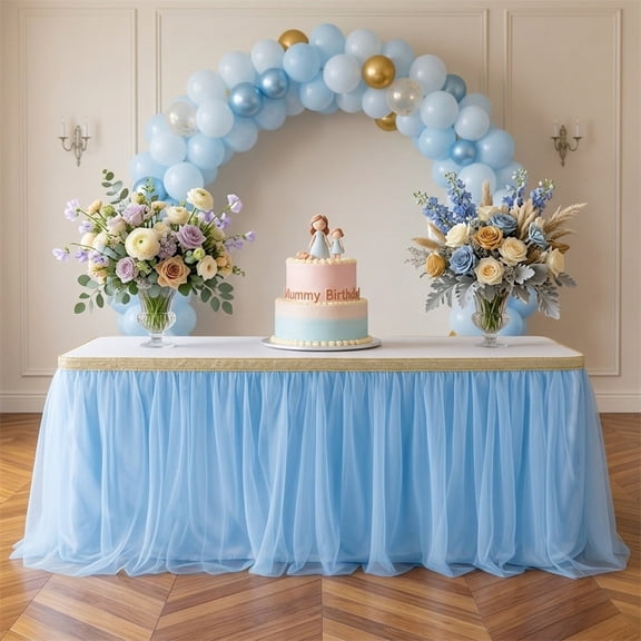 Artrylin 6ft Blue Tulle Table Skirts for Rectangle Tables Round Tables Ruffle Desk Skirt for Princess Girls Birthday Party Cake Dessert Decorations Table Skirt
