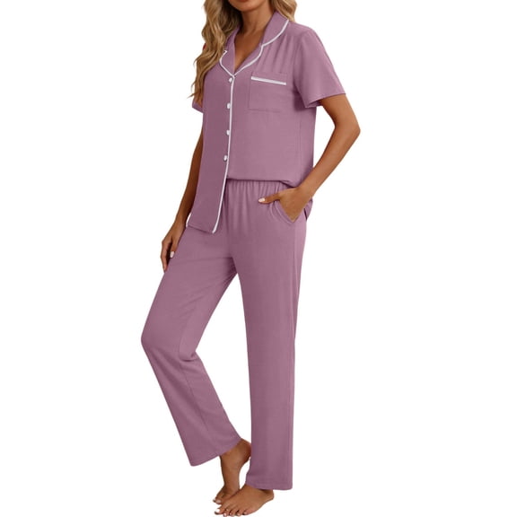 Gaexia Button Down Pajama Set for Women Short Sleeve Long Pants Cozy Two Piece Sleepwear Loungewear Soft Nightwear Pajama Set