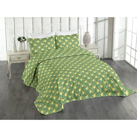 Ambesonne Lemon Print Quilted Coverlet 3 Pcs, Vintage Citrus Pattern, King Size, Fern Green and Yellow
