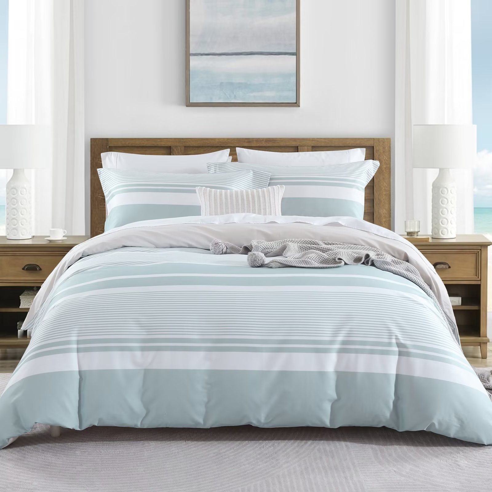 Bedduvit Queen Size Duvet Cover Set - 100% Cotton Sky Blue Striped ...