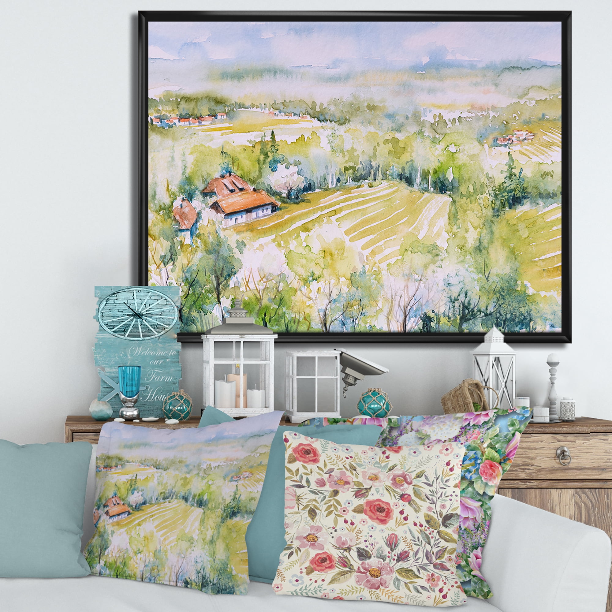 Designart 'Abstract Blossoming Green Fields In Countryside ' Country Framed Canvas Wall Art Print