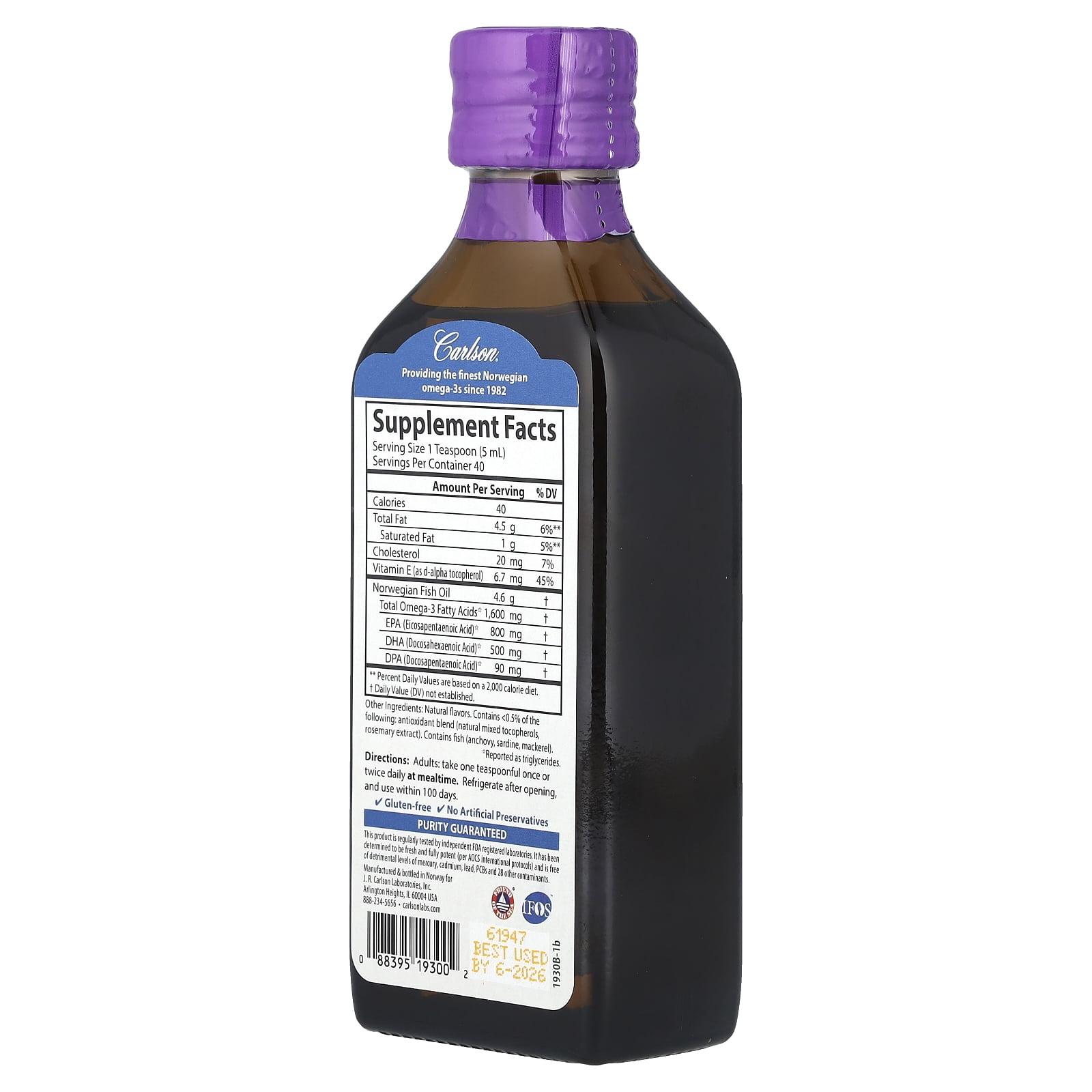 Carlson - The Very Finest Fish Oil, 1600 mg Omega-3s, Norwegian, Wild Caught, Sustainably Sourced, Mixed Berry, 200 mL (6.7 Fl Oz)