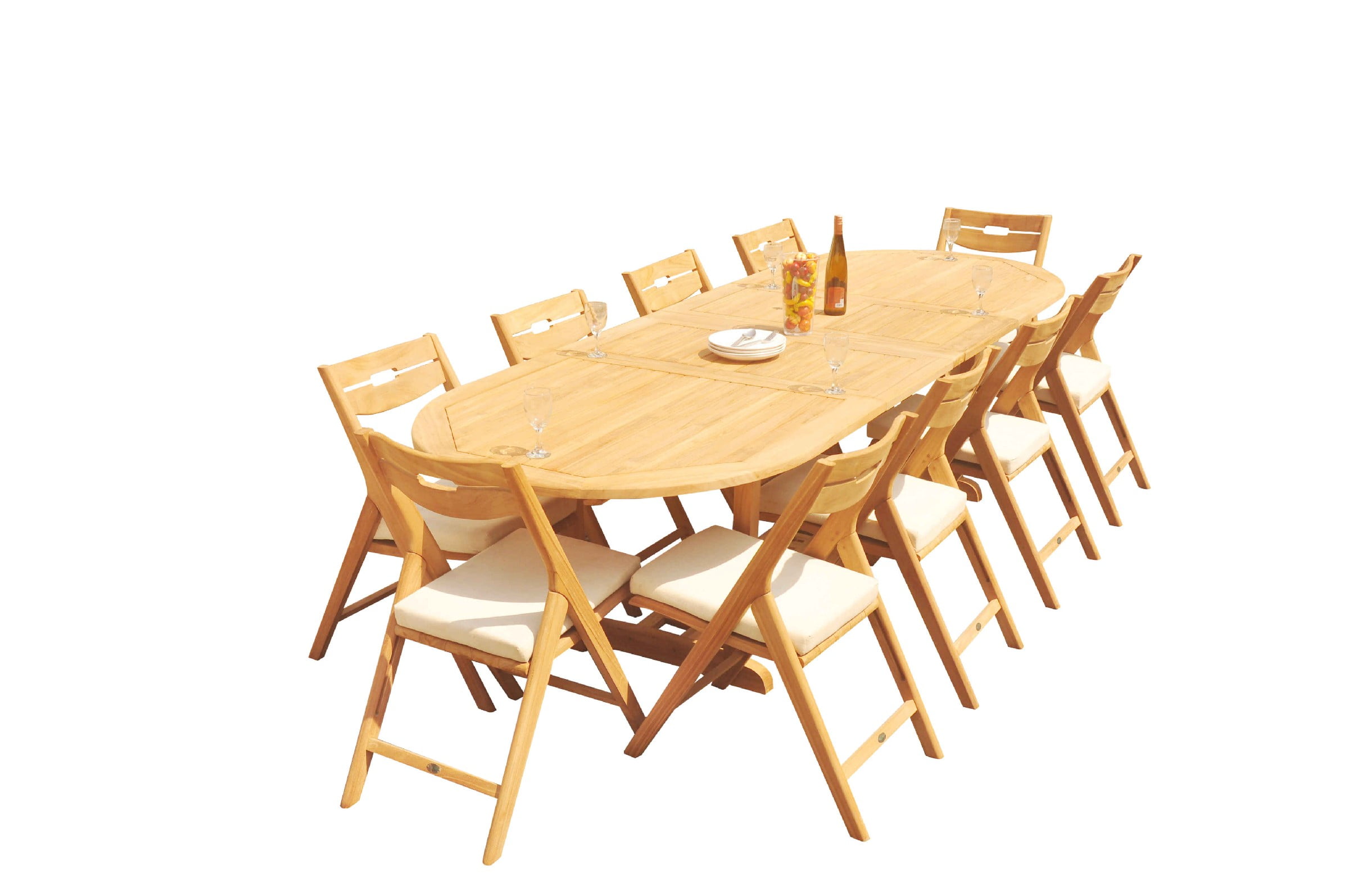 Natural Wood 125" Oval Outdoor Dining Set with Folding Chairs