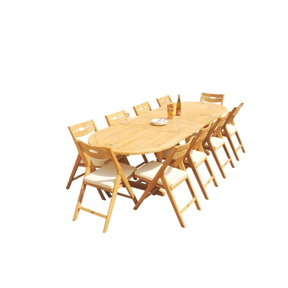 Grade-A Teak Dining Set: 10 Seater 11 Pc: 118" Mas Oval Trestle Leg Table And 10 Surfliner Folding Reclining Arm Chairs WholesaleTeak #51SL2711