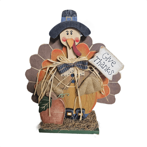 Wood Crafted Turkey Thanksgiving Harvest Give Thanks Tabletop Decor 11 x 12 Inch