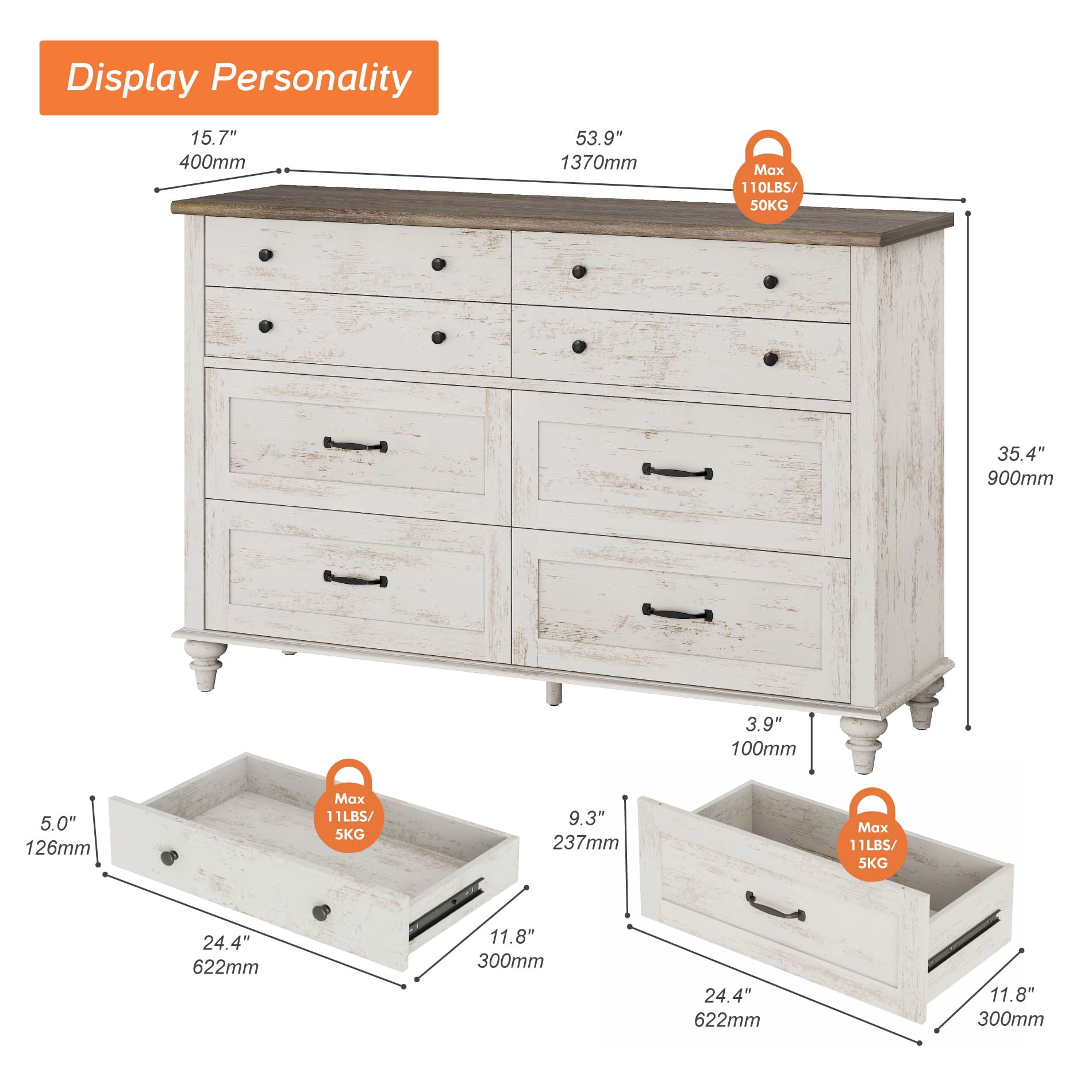 Mid Century Dresser with 8 Drawers, Wooden Kids Dresser for Kids Room Living Room, Antique White