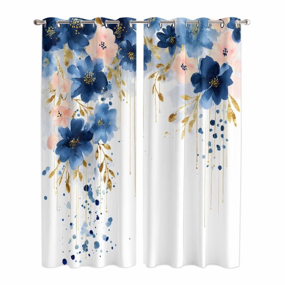 Kitchen Curtains 84 Inch Length 2 Panels, Navy Blue Spring Floral Grommets Window Treatment Curtain, Farmhouse Butterfly Thermal Curtains Drapes for Living Room/Bathroom