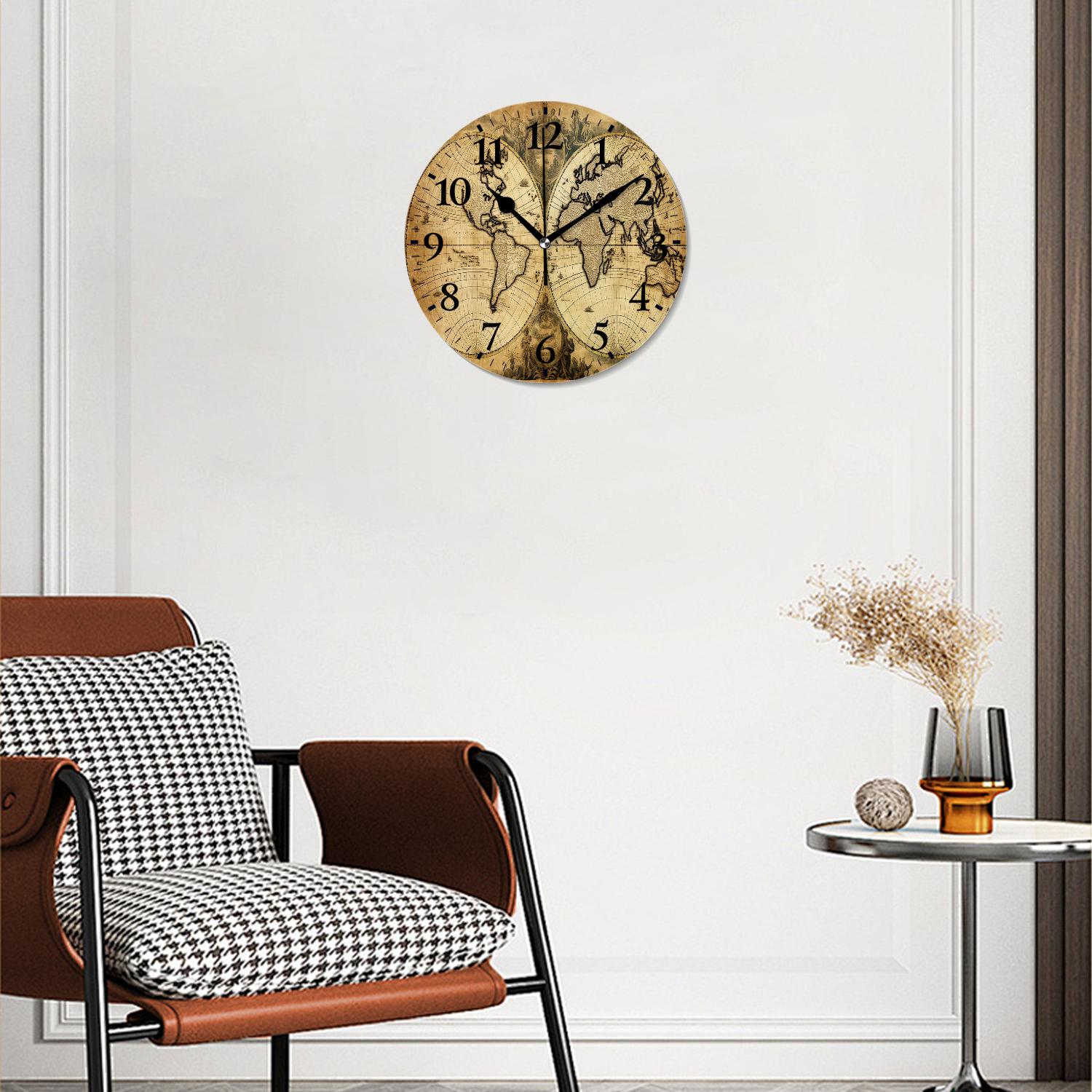 10 Inch Wall Clock Battery Operated Silent Clock Decorative for Office, Kitchen, Outdoor, Living RoomRetro World Map
