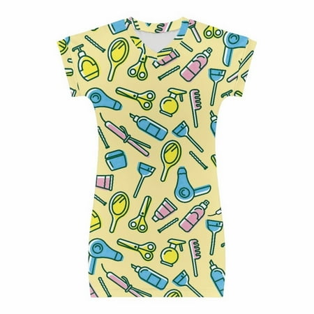 

XIEULQP Summer Dress Toddler Girl Short Sleeve Crewneck Hair Dryer Scissors Print Dress for 4 to 15 Years Flower Girl Dress Yellow