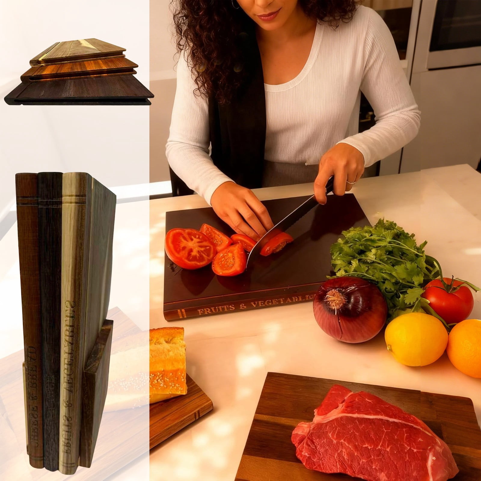 Cutting Board that Looks like Books, Set of 3 Solid Wood Book Shaped Cutting Board Library with Wooden Stand, for the Books Loving Chef