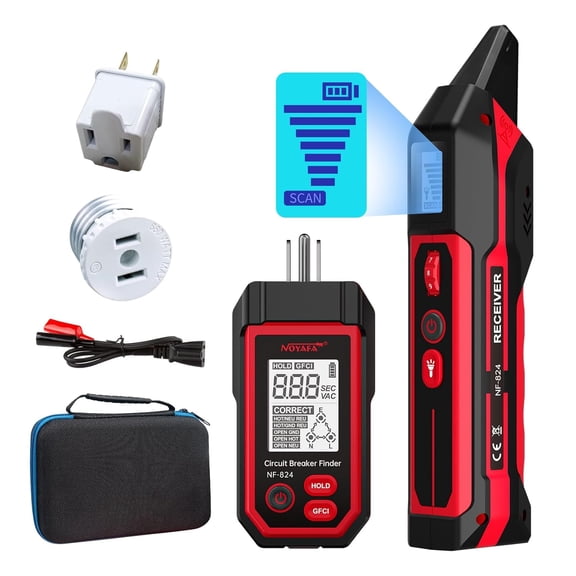 NOYAFA NF-824 Circuit Breaker Finder GFCI Outlet Tester Trip Time Display Digital Circuit Breaker Locator Receiver Scan NCV Voltage Detector Type-C Rechargeable
