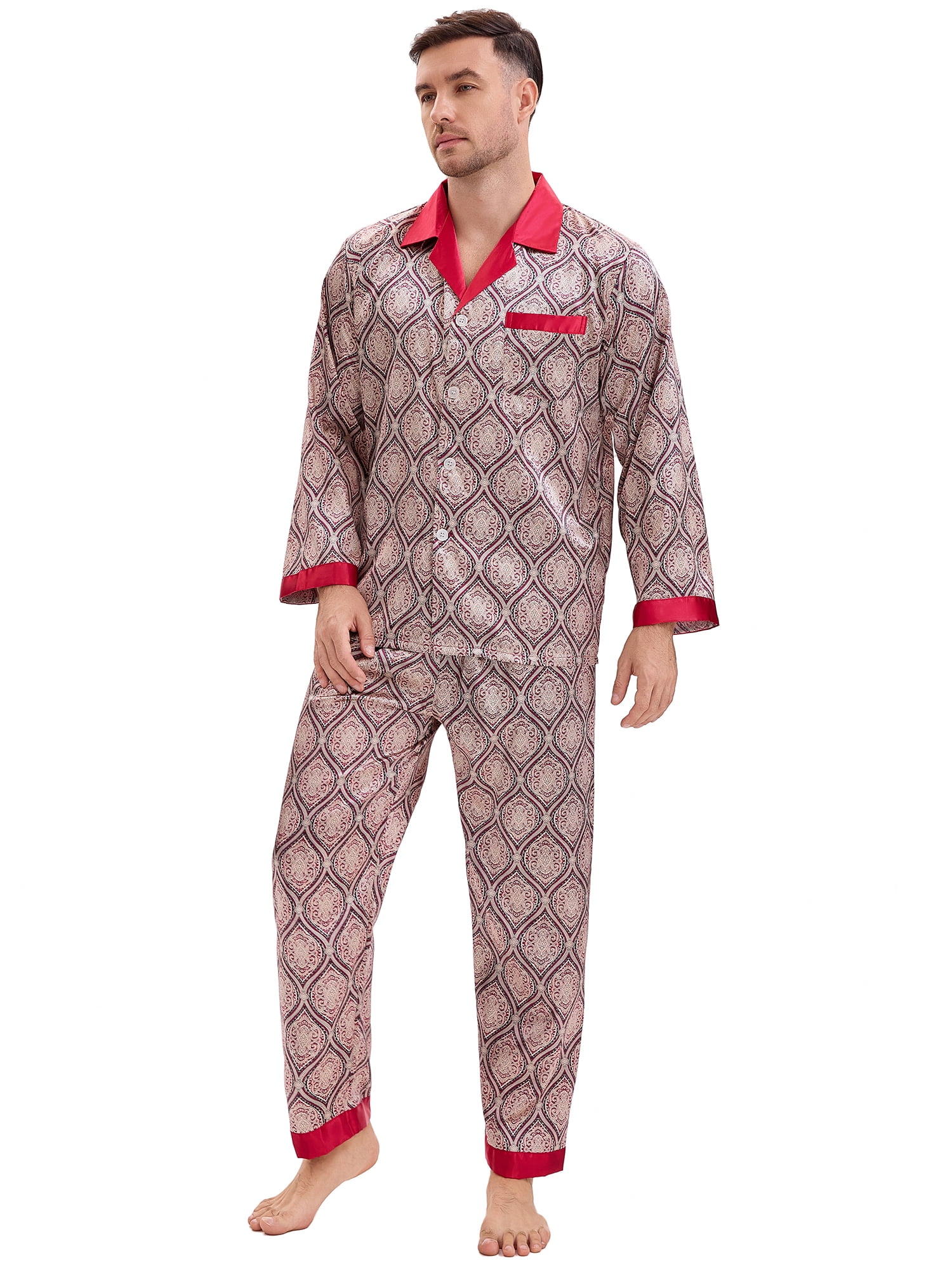 DARING DIVA Men's 2-Piece Button Down Printing Sleepshirt Pajamas Set M Red Gray