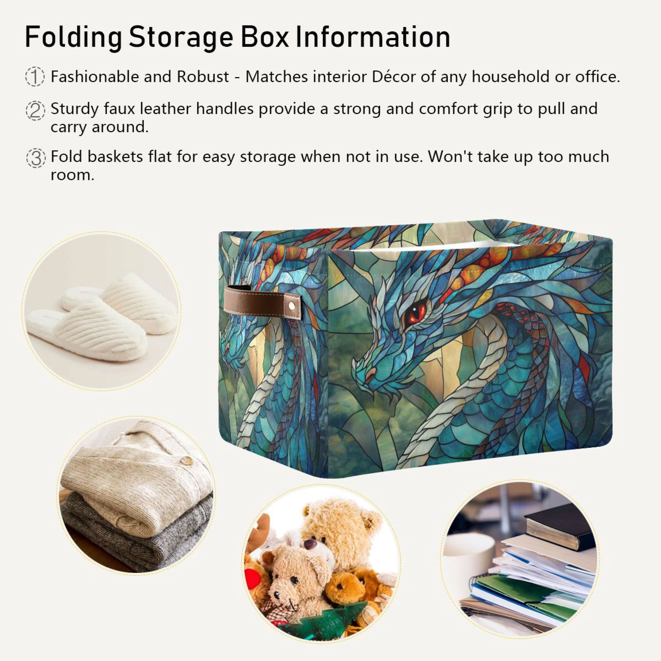 Stained Glass Dragon Foldable Storage Basket,Canvas Fabric Foldable Storage Bins with Handles Open Home Storage Bins Boxes for Toy Book Shelf Closet Baskets