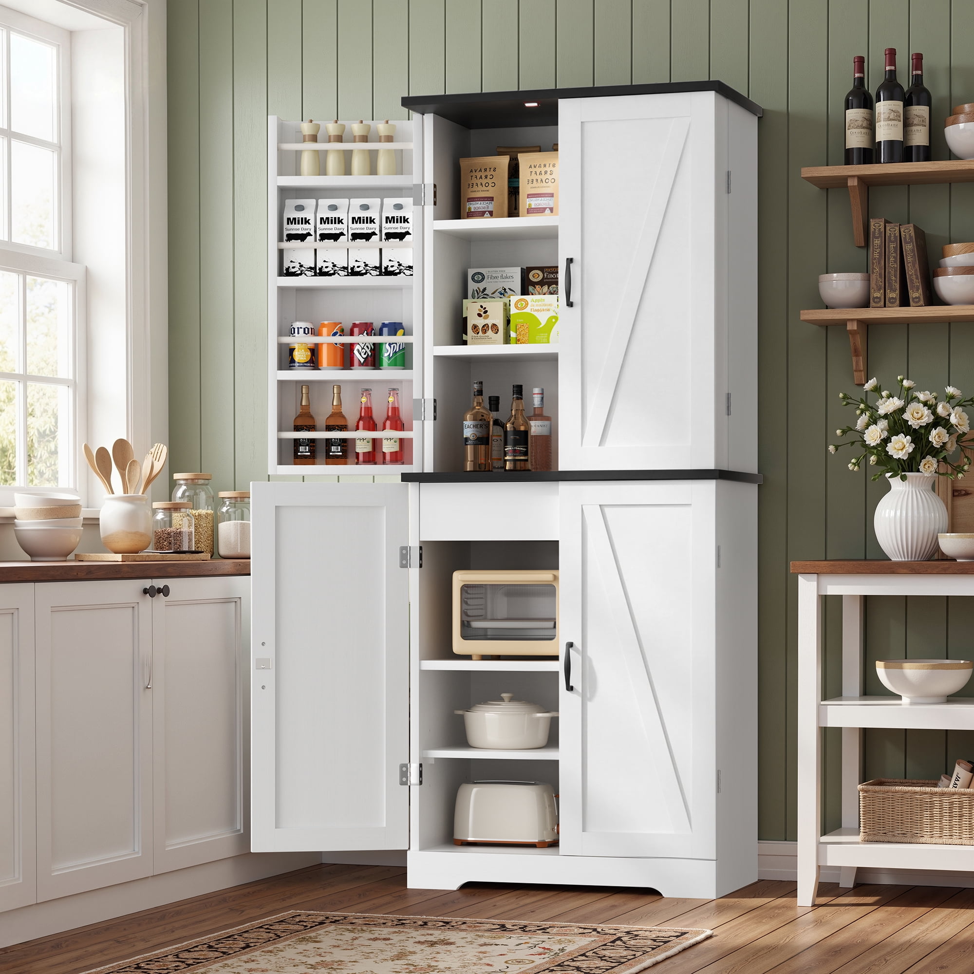 Walsunny Pantry Cabinets with Drawer Doors Shelves 67 Inches Tall Wooden Food Storage Cabinet Freestanding for Microwave Kitchen Storage Dining Room White