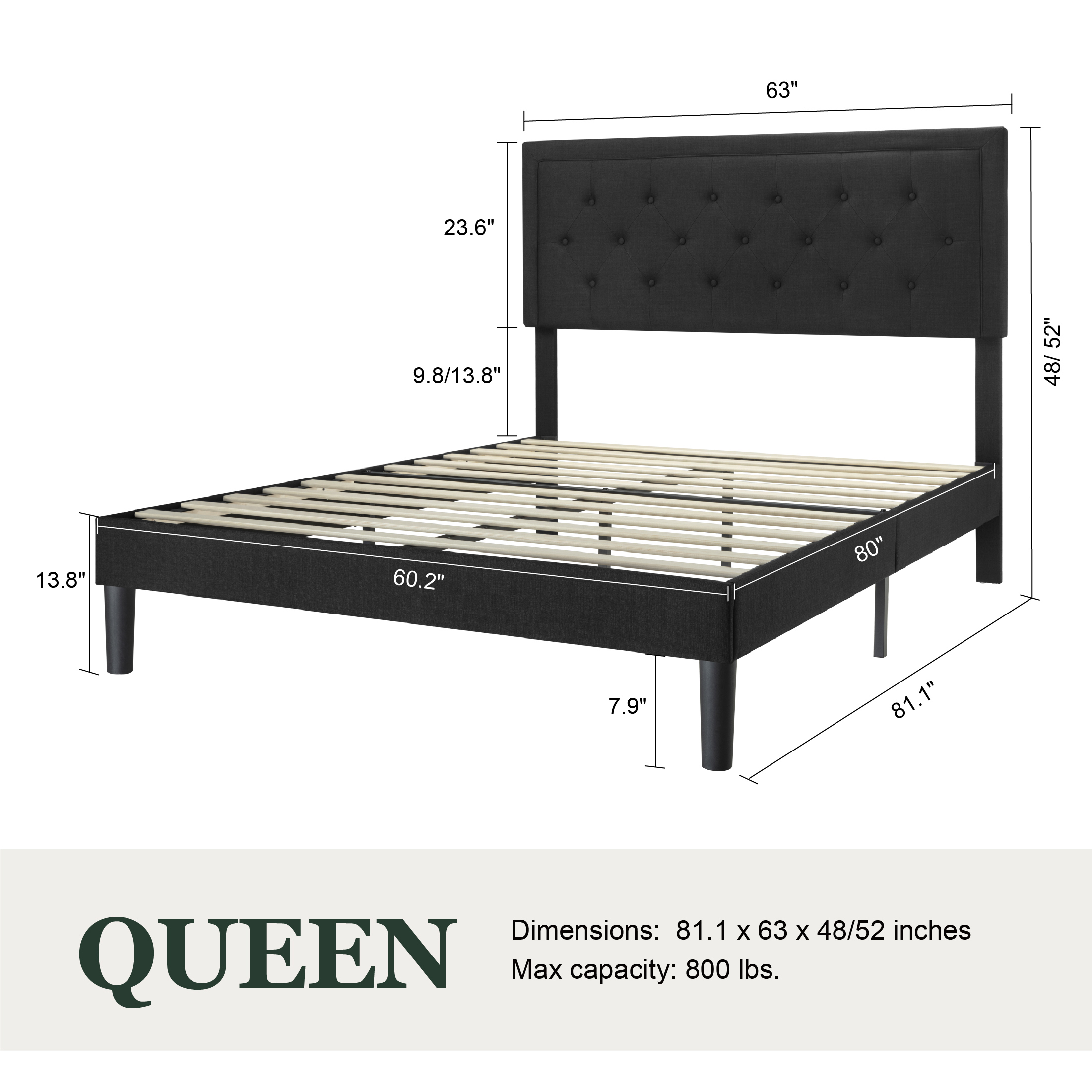 Sifurni Queen Bed Frame Upholstered Platform Bed with Adjustable Headboard, No Box Spring Needed, Black