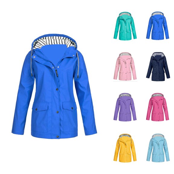Women's Raincoats Outdoor Windproof Windbreaker Long Sleeve Zip Up Hooded Rain Coat with Pockets Rain Jacket Women