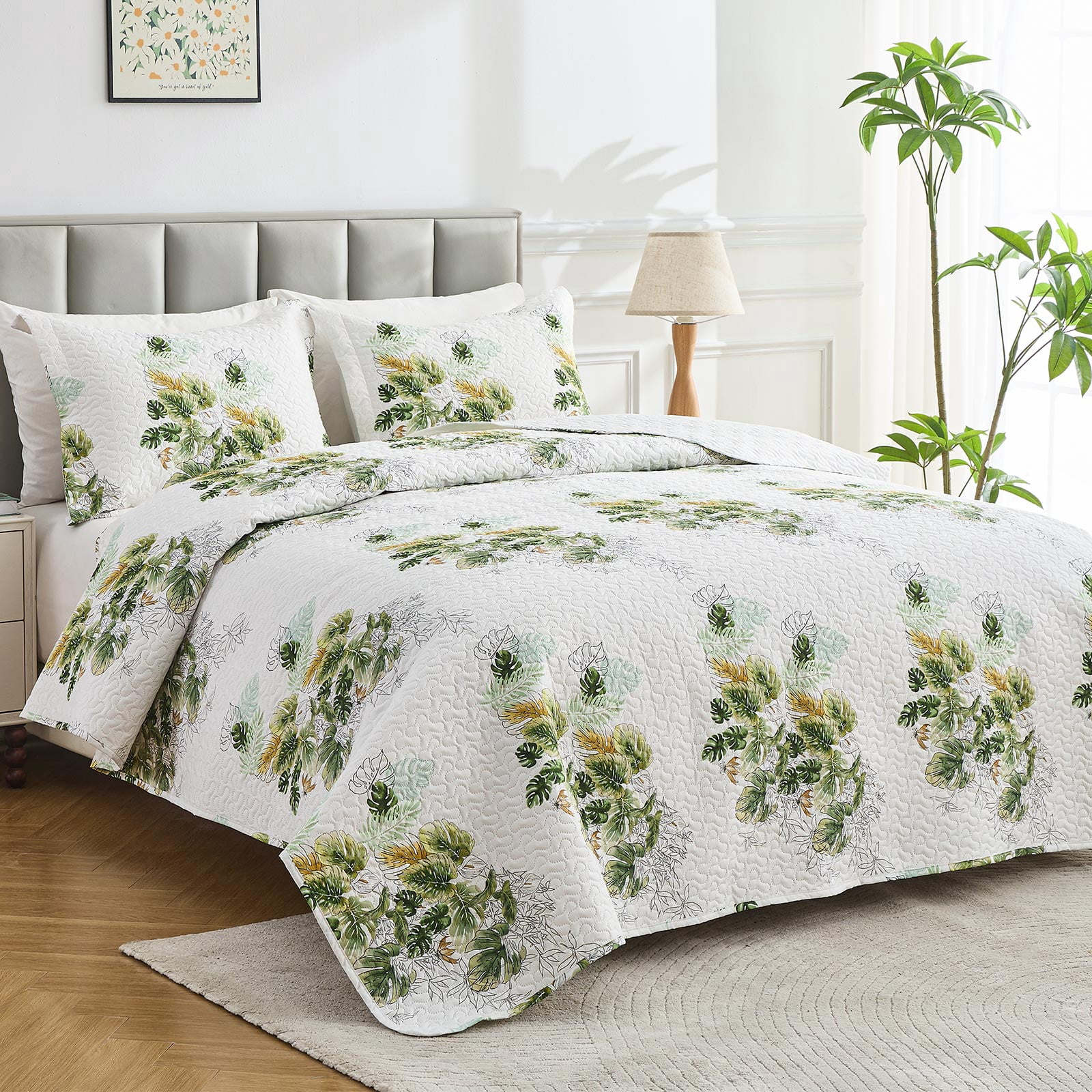Hitime Luxury Printed Quilt Set Queen Size, Lightweight Comforter Set, Oversized Bedspread Coverlet Quilted Bedding Set, with 2 Matching Pillowcases, for All Season