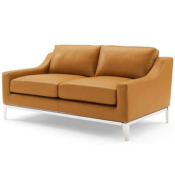 Contemporary Modern Urban Designer Living Room Lounge Club Lobby Loveseat Sofa, Leather, Tan Brown
